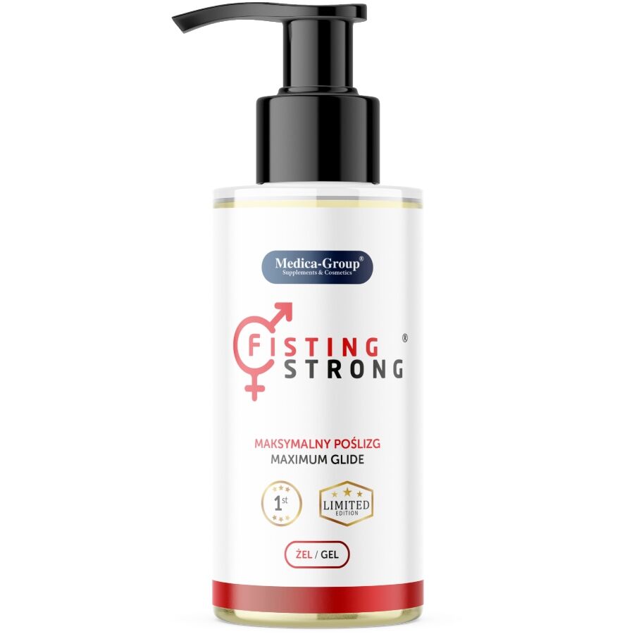 Medica-Group FistingStrong – weiße Pumpflasche des gleitstarken Analgels mit schwarzem Pumpspender, rotem FistingStrong Schriftzug und goldfarbenen Produktdetails in aufrechter Vorderansicht auf weißem Hintergrund – erhältlich bei Evoria Care