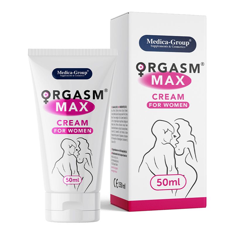 Medica-Group OrgasmMax – weiße Tube der Intimcreme für Frauen mit pinkfarbenem ORGASM MAX Schriftzug und stilisierter Frauensilhouette neben der weiß-pinkfarbenen Originalverpackung auf weißem Hintergrund – erhältlich bei Evoria Care