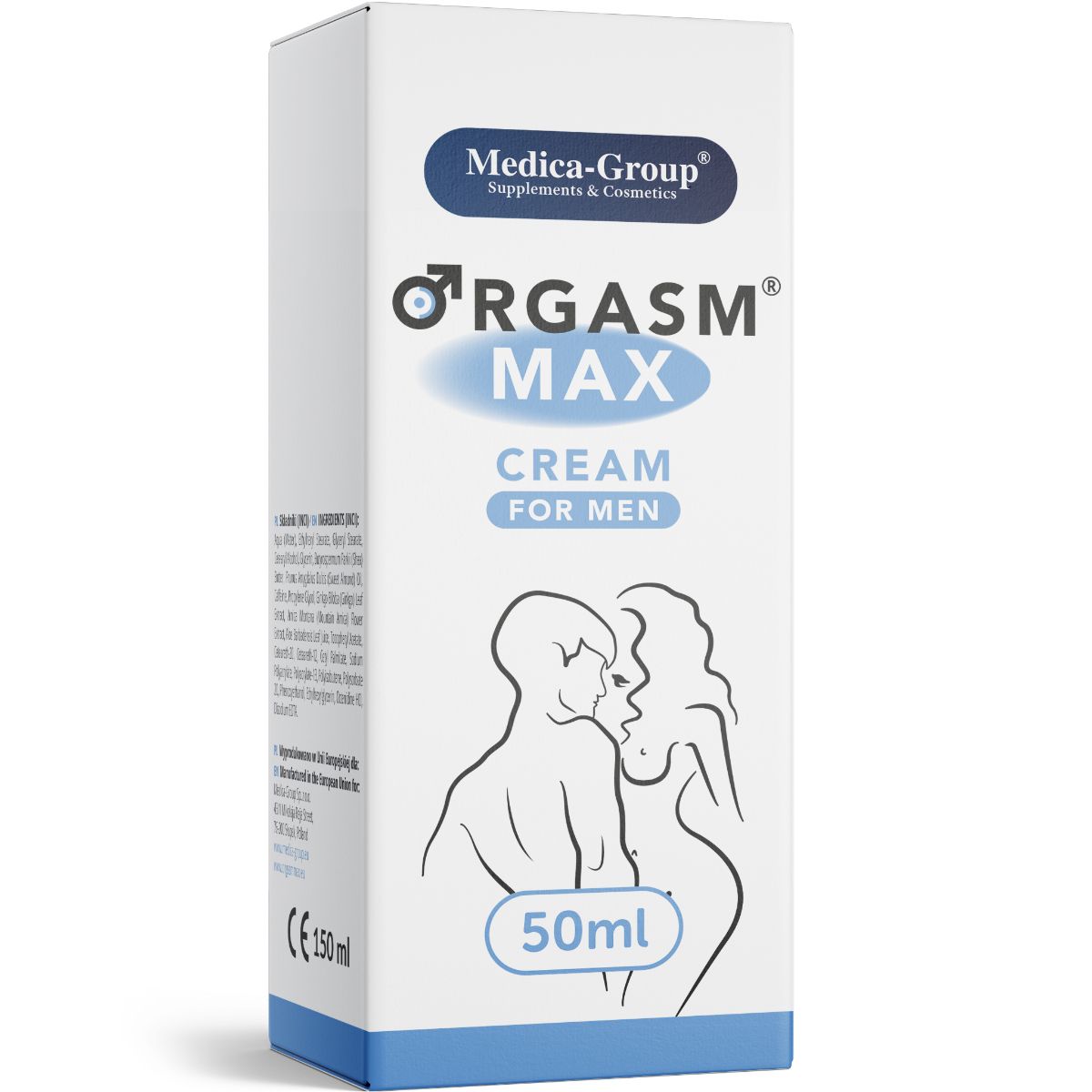 Medica-Group OrgasmMax – weiße rechteckige Originalverpackung der Intimcreme für Männer mit blauem ORGASM MAX Schriftzug, stilisierter Männerfigur und dunkelblauem Medica-Group Markenlogo in frontaler Ansicht – erhältlich bei Evoria Care