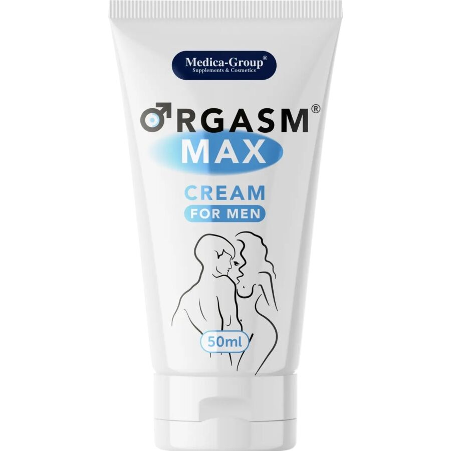 Medica-Group OrgasmMax – weiße Tube der Intimcreme für Männer mit blauem ORGASM MAX Schriftzug, stilisiertem Männermotiv und weißem Verschluss in aufrechter Vorderansicht – erhältlich bei Evoria Care