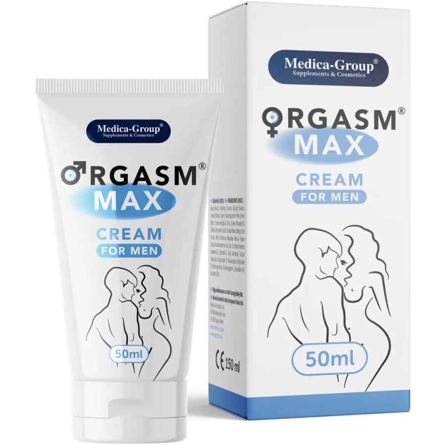 Medica-Group OrgasmMax – weiße Tube der Männer-Intimcreme mit blauem Schriftzug neben der weiß-blauen Originalverpackung mit stilisiertem Männermotiv in gemeinsamer Produktansicht – erhältlich bei Evoria Care