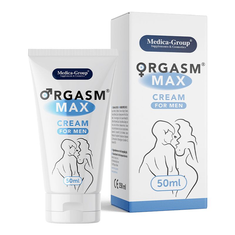 Medica-Group OrgasmMax – weiße Tube der Intimcreme für Männer mit blauem ORGASM MAX Schriftzug und stilisierter Männerfigur neben der weiß-blauen Originalverpackung auf weißem Hintergrund – erhältlich bei Evoria Care