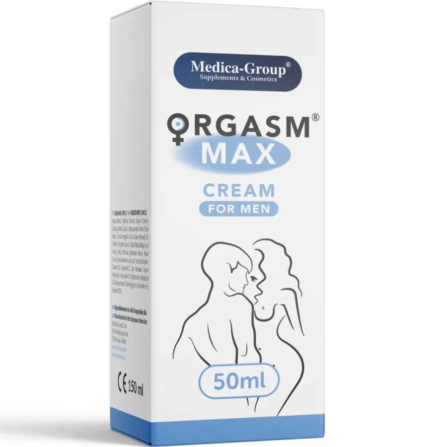 Medica-Group OrgasmMax – weiße Intimcreme-Tube mit blauem Produktdesign, dunkelblauem Medica-Group Markenlogo und stilisierter Männerfigur in einer weiteren aufrechten Produktansicht auf weißem Hintergrund – erhältlich bei Evoria Care