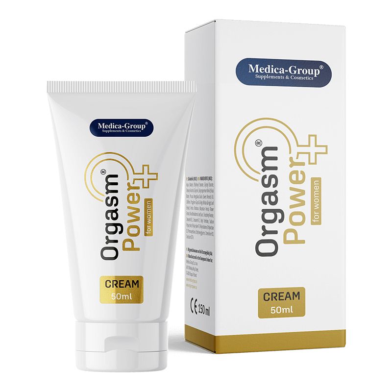 Medica-Group OrgasmPower – weiße Tube der Intimcreme für Frauen mit goldfarbenen Designelementen, OrgasmPower Schriftzug und weißem Verschluss neben der passenden weiß-goldenen Originalverpackung auf weißem Hintergrund – erhältlich bei Evoria Care