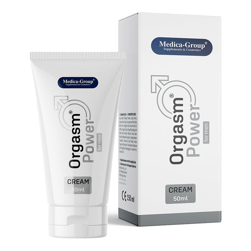 Medica-Group OrgasmPower – weiße Tube der Intimcreme für Männer mit silbergrauen Designelementen, vertikalem OrgasmPower Schriftzug und weißem Verschluss neben der passenden weiß-silbergrauen Originalverpackung auf weißem Hintergrund – erhältlich bei Evoria Care