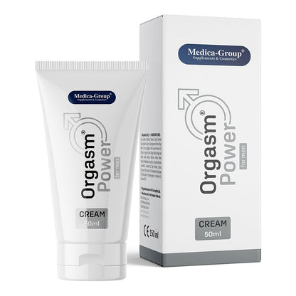 Medica-Group OrgasmPower – weiße Tube der Intimcreme für Männer mit silbergrauen Designelementen, vertikalem OrgasmPower Schriftzug und weißem Verschluss neben der passenden weiß-silbergrauen Originalverpackung auf weißem Hintergrund – erhältlich bei Evoria Care