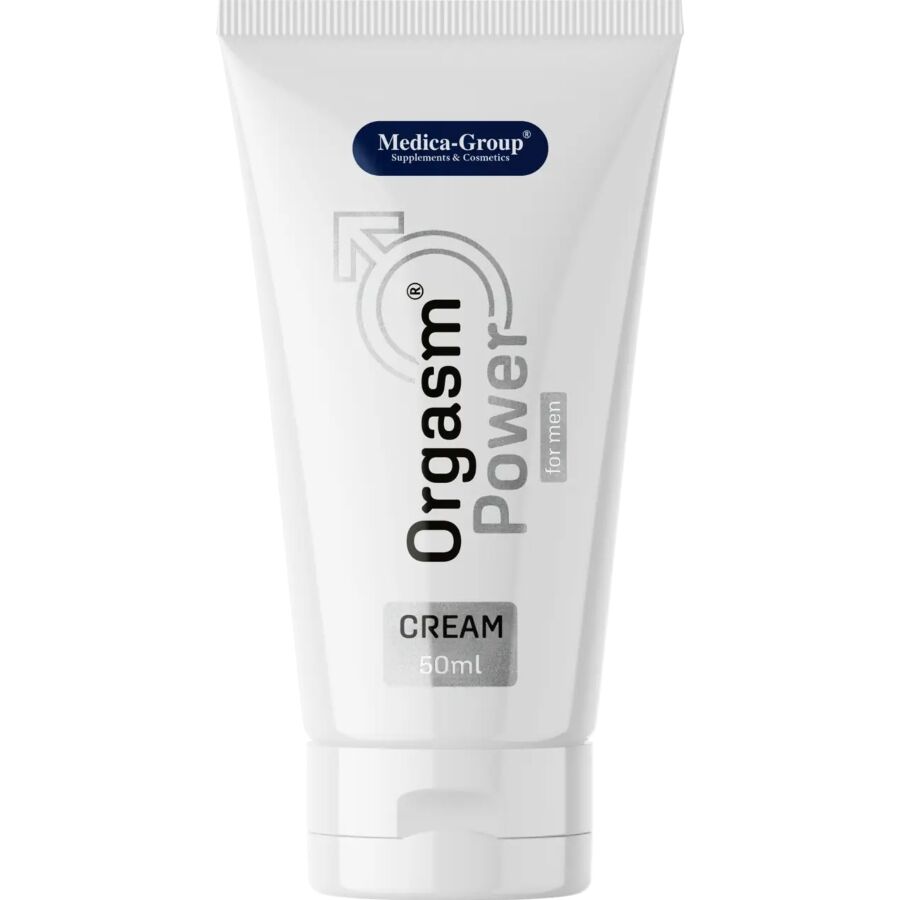 Medica-Group OrgasmPower – weiße Tube der Intimcreme für Männer mit vertikalem OrgasmPower Schriftzug, silbergrauen Grafikelementen und weißem Verschluss in aufrechter Vorderansicht auf weißem Hintergrund – erhältlich bei Evoria Care