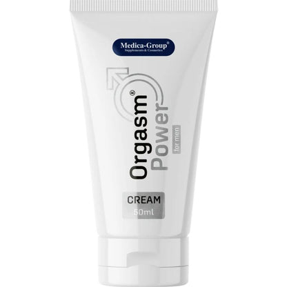 Medica-Group OrgasmPower – weiße Tube der Intimcreme für Männer mit vertikalem OrgasmPower Schriftzug, silbergrauen Grafikelementen und weißem Verschluss in aufrechter Vorderansicht auf weißem Hintergrund – erhältlich bei Evoria Care
