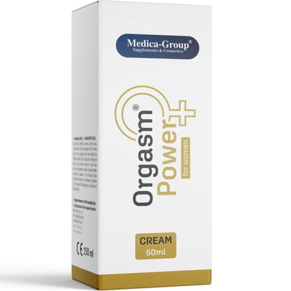 Medica-Group OrgasmPower – weiße rechteckige Originalverpackung der Intimcreme mit goldfarbenen Designelementen, vertikalem OrgasmPower Schriftzug und dunkelblauem Medica-Group Markenlogo in frontaler Ansicht – erhältlich bei Evoria Care