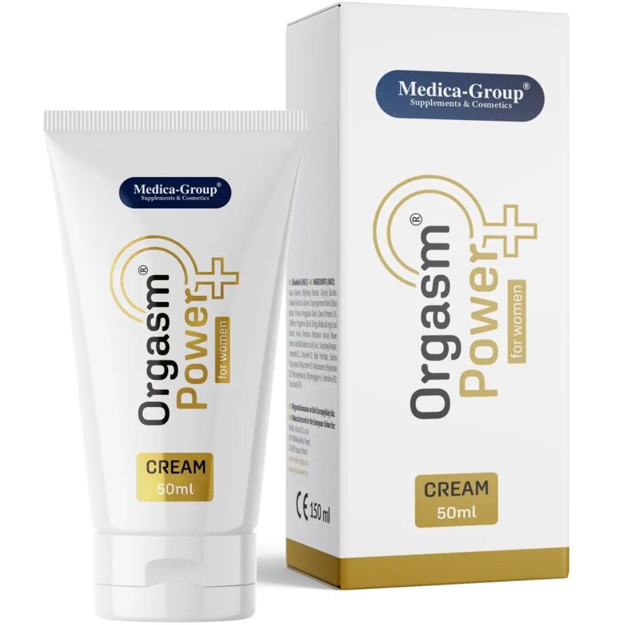 Medica-Group OrgasmPower – weiße Tube der Intimcreme für Frauen mit goldfarbenem Produktdesign und weißem Verschluss, gemeinsam mit der weiß-goldenen Originalverpackung in einer weiteren aufrechten Produktansicht auf weißem Hintergrund – erhältlich bei Evoria Care