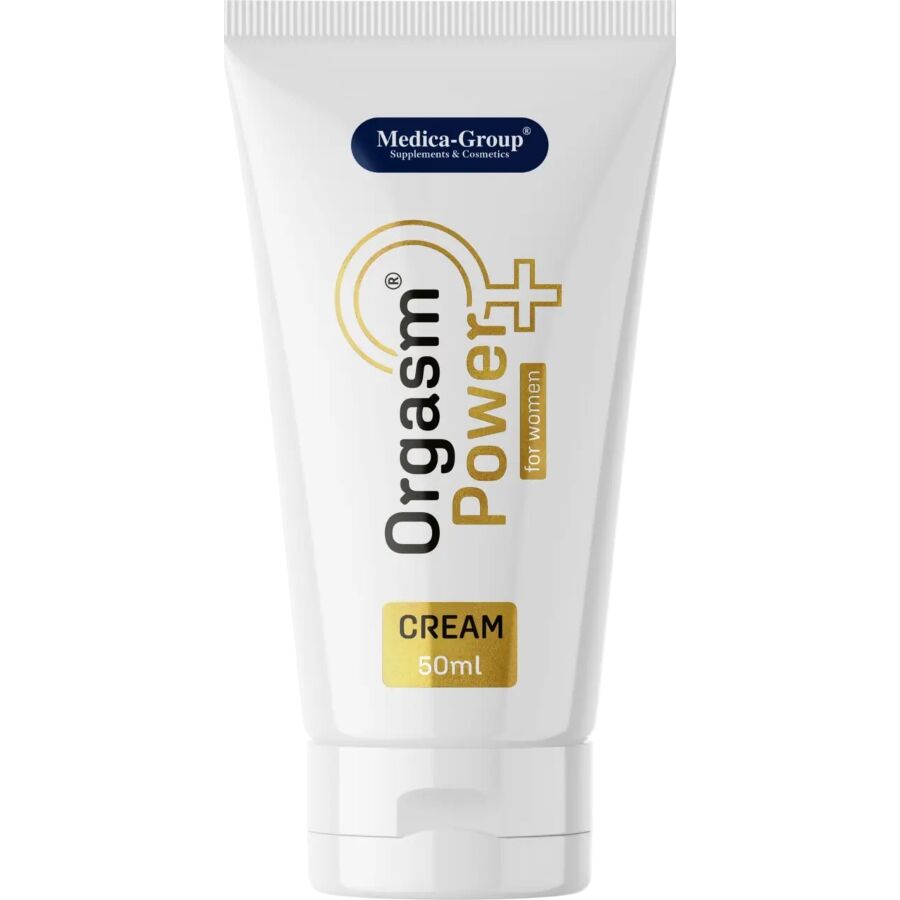 Medica-Group OrgasmPower – weiße Tube der Intimcreme für Frauen mit goldfarbenem Produktetikett, vertikalem OrgasmPower Schriftzug und weißem Verschluss in aufrechter Vorderansicht auf weißem Hintergrund – erhältlich bei Evoria Care