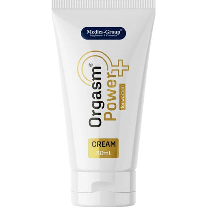 Medica-Group OrgasmPower – weiße Tube der Intimcreme für Frauen mit goldfarbenem Produktetikett, vertikalem OrgasmPower Schriftzug und weißem Verschluss in aufrechter Vorderansicht auf weißem Hintergrund – erhältlich bei Evoria Care