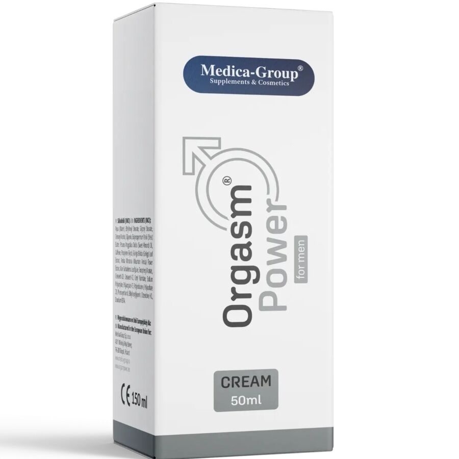 Medica-Group OrgasmPower – weiße rechteckige Originalverpackung der Intimcreme für Männer mit silbergrauen Designelementen, vertikalem OrgasmPower Schriftzug und dunkelblauem Medica-Group Markenlogo in frontaler Ansicht – erhältlich bei Evoria Care