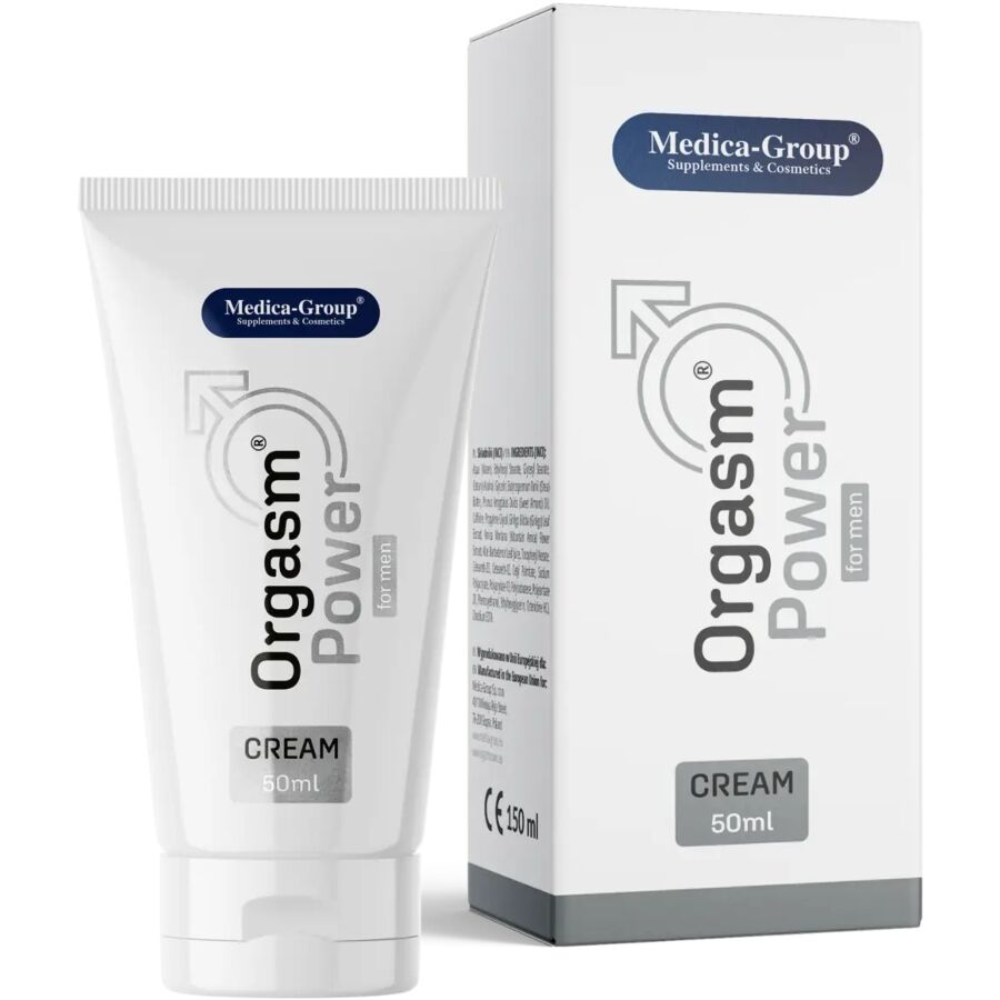 Medica-Group OrgasmPower – weiße Intimcreme-Tube mit silbergrauem Produktdesign, gemeinsam mit der weiß-silbergrauen Originalverpackung und dunkelblauem Medica-Group Markenlogo in einer weiteren Produktansicht – erhältlich bei Evoria Care