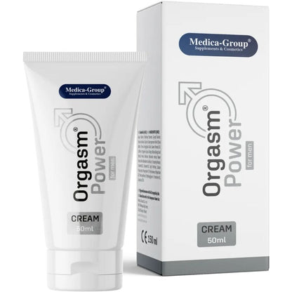 Medica-Group OrgasmPower – weiße Intimcreme-Tube mit silbergrauem Produktdesign, gemeinsam mit der weiß-silbergrauen Originalverpackung und dunkelblauem Medica-Group Markenlogo in einer weiteren Produktansicht – erhältlich bei Evoria Care