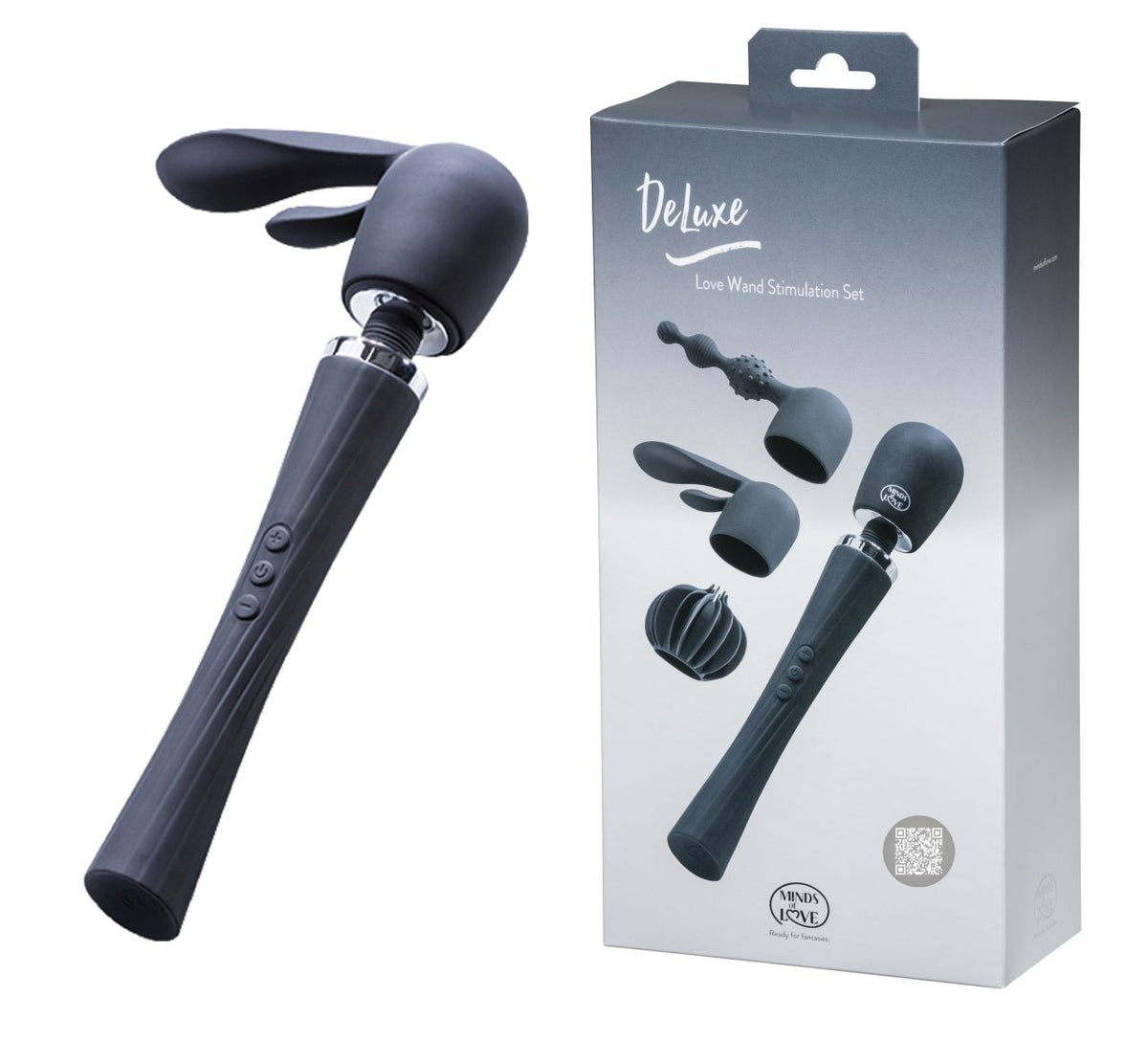 MINDS of LOVE DeLuxe Love Wand Massager Set in Schwarz mit langem Griff, abgewinkeltem Massagekopf und drei Aufsätzen, dargestellt neben der grau-weißen Originalverpackung – erhältlich bei Evoria Care