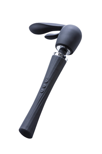 MINDS of LOVE DeLuxe Love Wand schwarzer Massagestab mit langem Griff und rechtwinklig abgewinkeltem Massagekopf in seitlicher Gesamtansicht – erhältlich bei Evoria Care