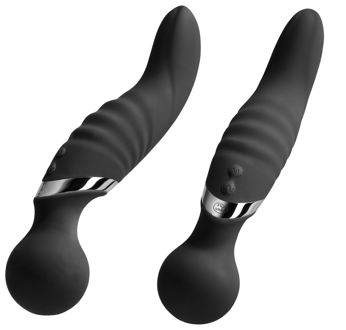 MINDS of LOVE Love Wave Massager in Schwarz mit zwei Motoren, geschwungenen Schäften, abgerundeten Kugelenden und geriffelter Oberflächenstruktur in diagonaler Produktansicht auf weißem Hintergrund – erhältlich bei Evoria Care