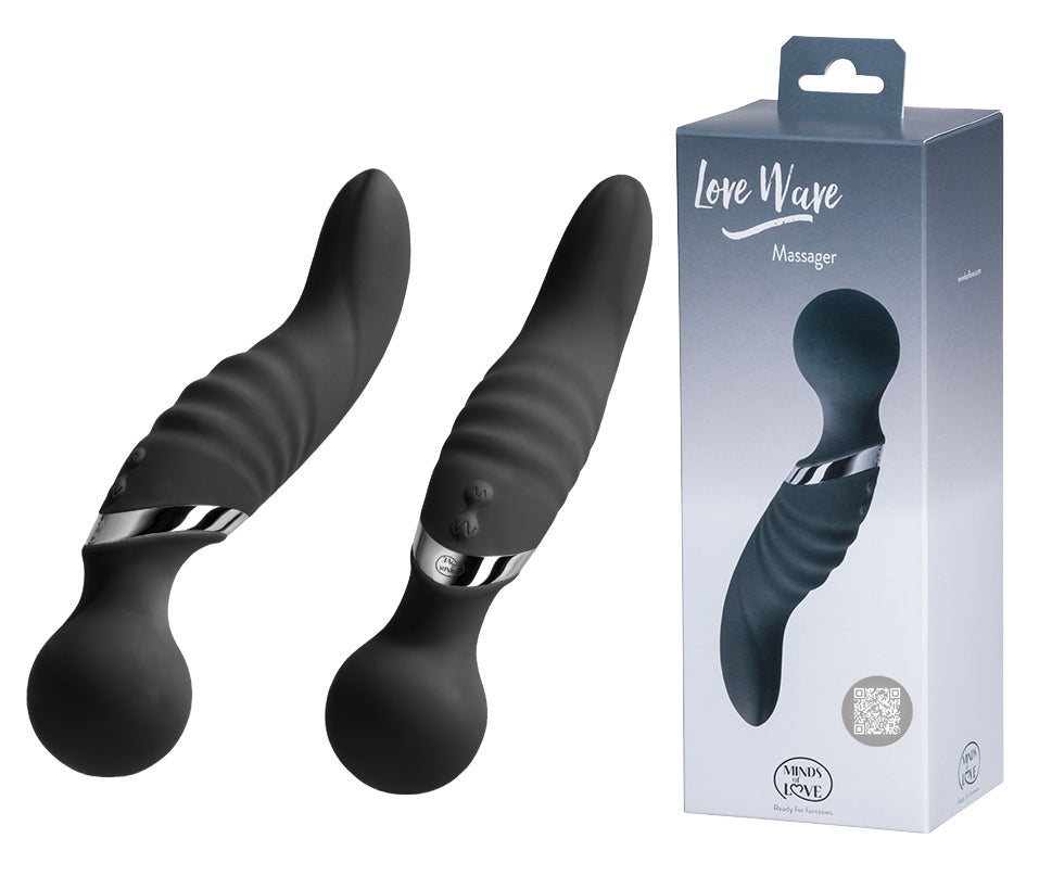 MINDS of LOVE Love Wave Massager mit zwei Motoren in Schwarz, zwei gebogene Massagestäbe mit strukturierten Oberflächen und kugelförmigen Enden, gemeinsam mit der grau-weißen Originalverpackung dargestellt – erhältlich bei Evoria Care