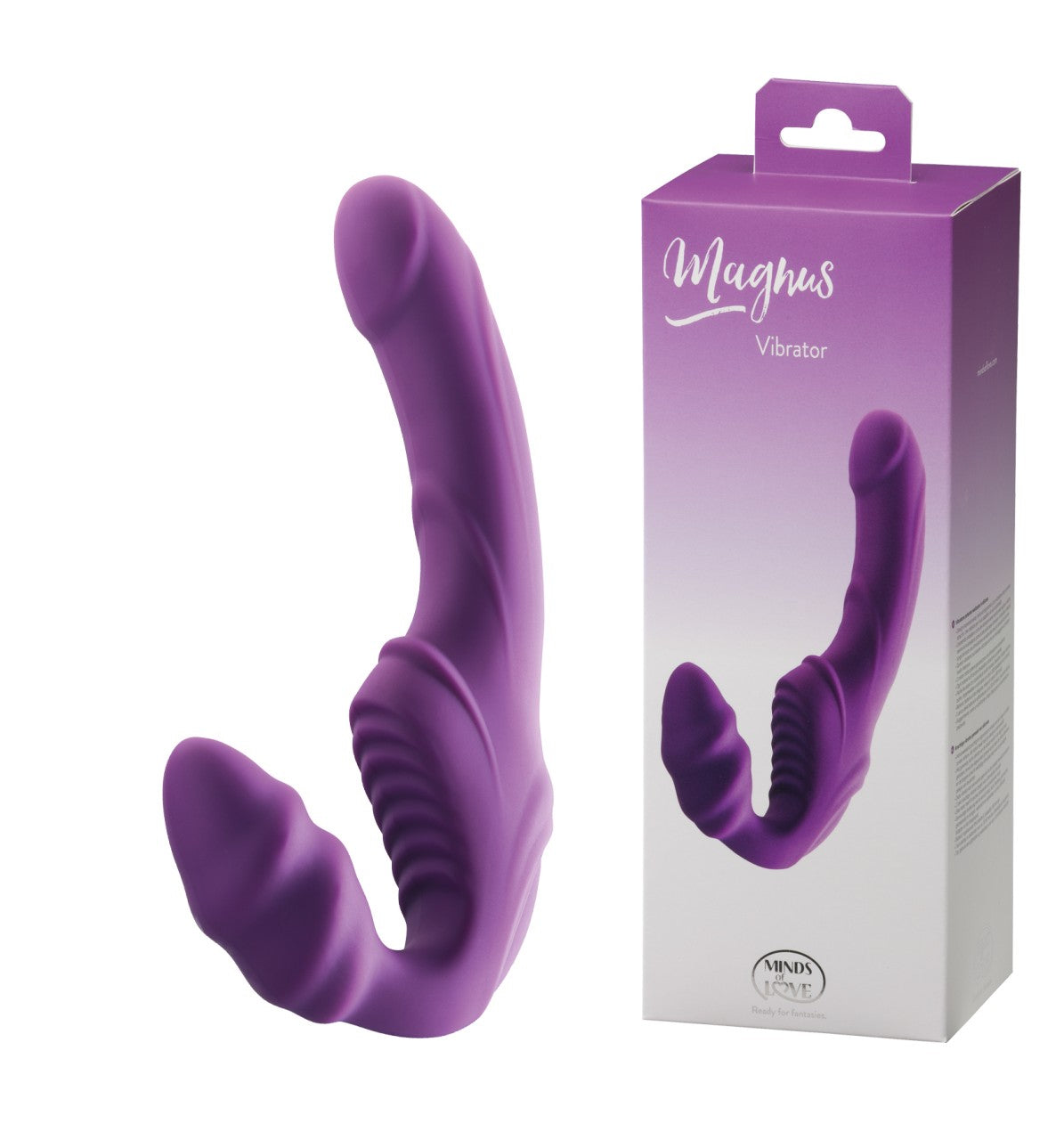 MINDS of LOVE Magnus Strapless-Paarvibrator in Lila mit zwei Motoren, geschwungenem Schaft, strukturierter Oberfläche und zwei unterschiedlich geformten Stimulationsenden, dargestellt neben der Originalverpackung – erhältlich bei Evoria Care