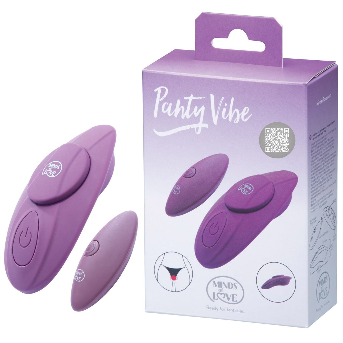 MINDS of LOVE Panty Vibe lilafarbener Panty-Vibrator mit ergonomischer Form und separater Funkfernbedienung, dargestellt neben der violetten Originalverpackung – erhältlich bei Evoria Care