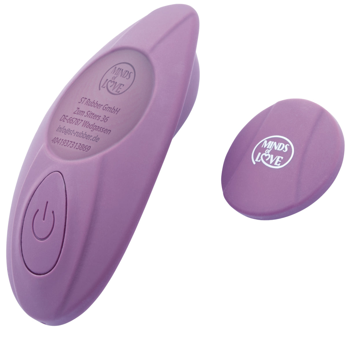 MINDS of LOVE Panty Vibe in Lila mit strukturierter Bedienfläche und separater runder Funkfernbedienung, gemeinsam in freigestellter Produktansicht – erhältlich bei Evoria Care