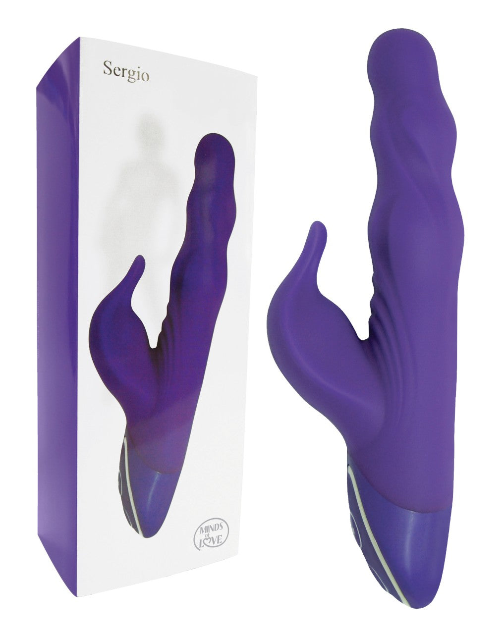 MINDS of LOVE Sergio – lilafarbener Rabbit-Vibrator mit geschwungenem Schaft, abgerundeter Spitze, zwei seitlichen Stimulationsarmen und silberfarbenem Bedienelement an der Basis neben der weiß-lilafarbenen Originalverpackung – erhältlich bei Evoria Care
