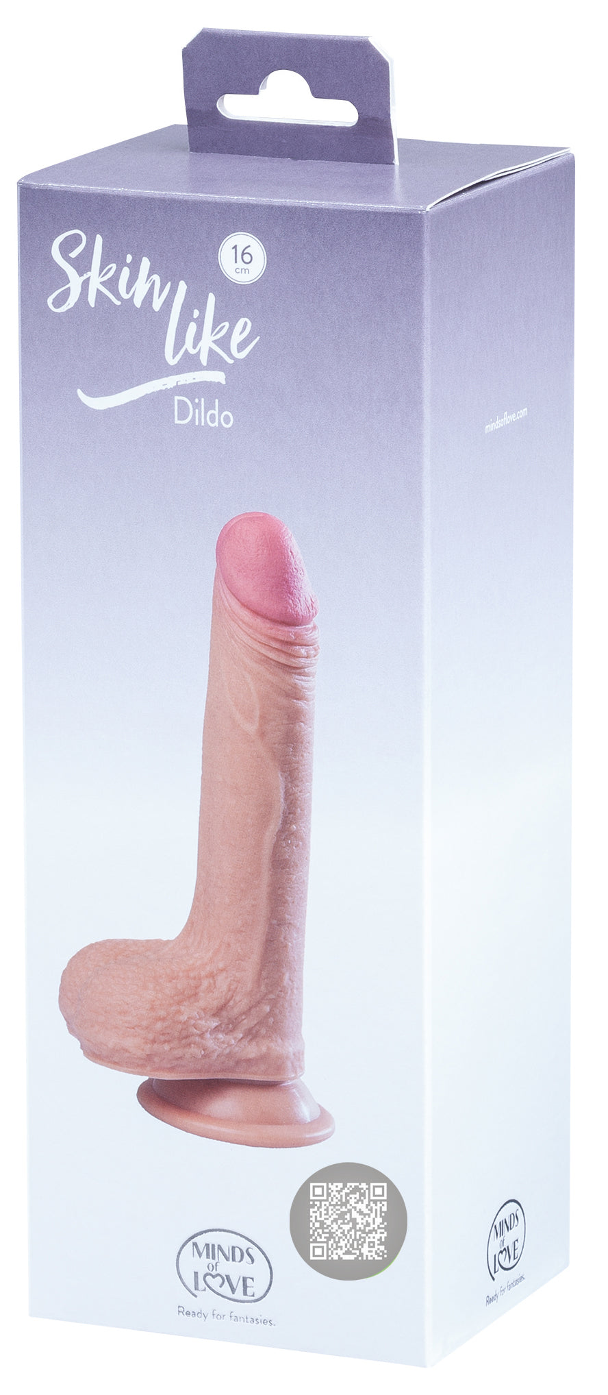 MINDS of LOVE SkinLike Dildo mit Saugfuß in weiß-violetter Originalverpackung mit Abbildung des hautfarbenen realistischen Dildos und MINDS of LOVE Markenlogo – erhältlich bei Evoria Care