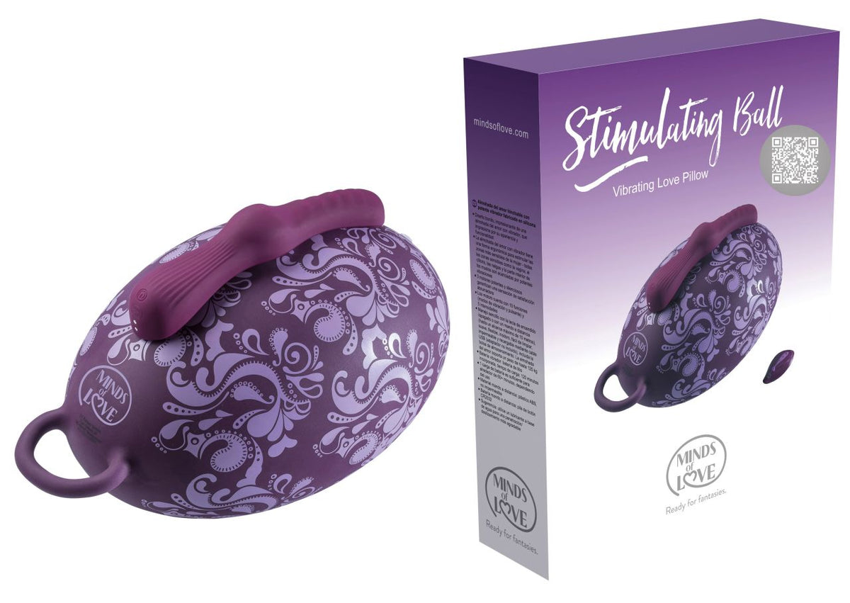 MINDS of LOVE Stimulating Ball Vibratorkissen in Lila mit drei Motoren, gewölbter Form, strukturierter Oberfläche und seitlicher Bedieneinheit, dargestellt neben der weiß-violetten Originalverpackung – erhältlich bei Evoria Care