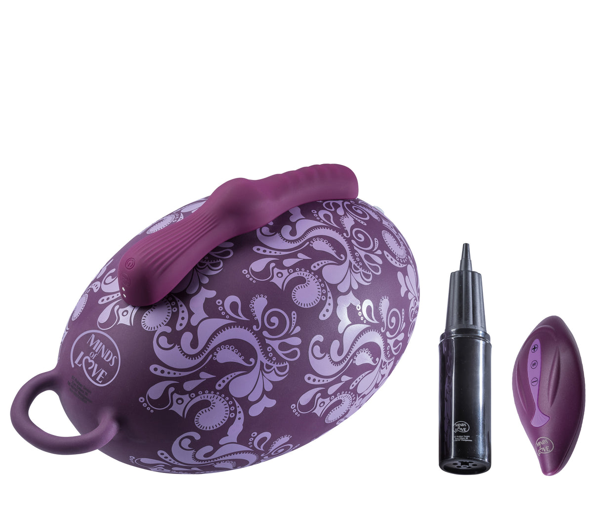 MINDS of LOVE Stimulating Ball Vibratorkissen in Lila mit gewölbter Form, strukturierter Oberfläche und seitlicher Bedieneinheit in diagonaler Draufsicht – erhältlich bei Evoria Care
