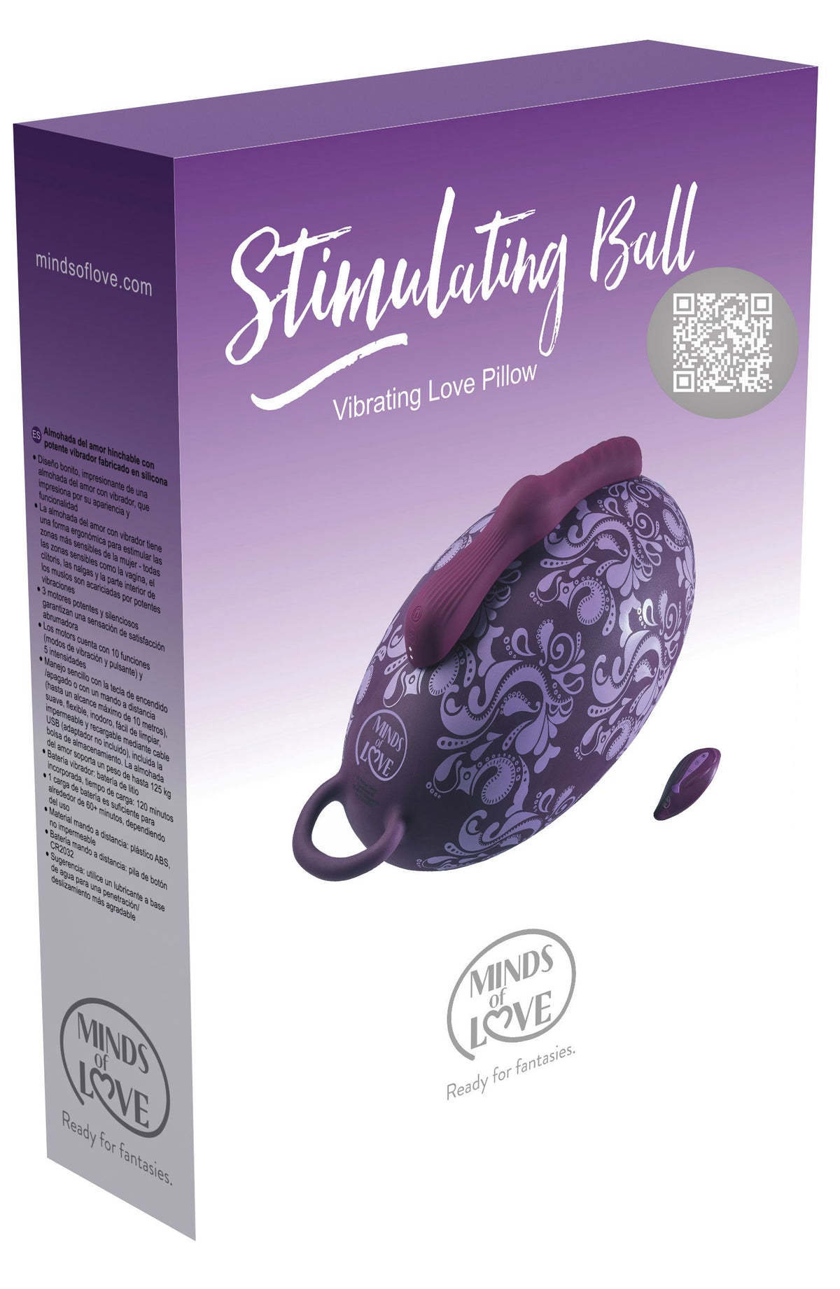 MINDS of LOVE Stimulating Ball Vibratorkissen mit drei Motoren in weiß-violetter Originalverpackung mit Abbildung des lilafarbenen Vibratorkissens und MINDS of LOVE Markenlogo – erhältlich bei Evoria Care
