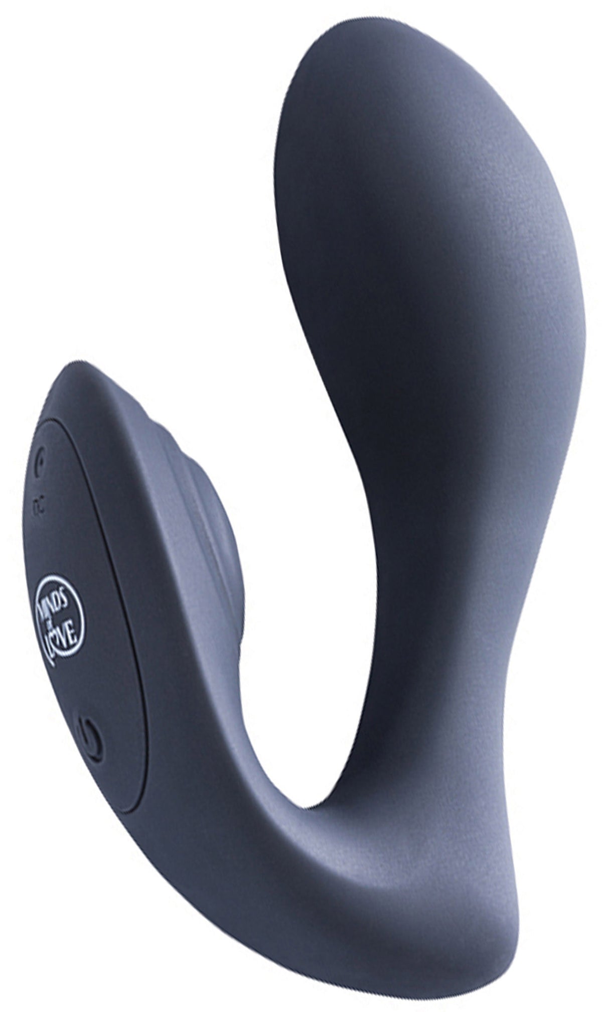 MINDS of LOVE Timo dunkelblauer Rabbit-Vibrator mit glatter Oberfläche, länglichem gebogenem Schaft und kürzerem Stimulationsarm in diagonaler Produktansicht – erhältlich bei Evoria Care