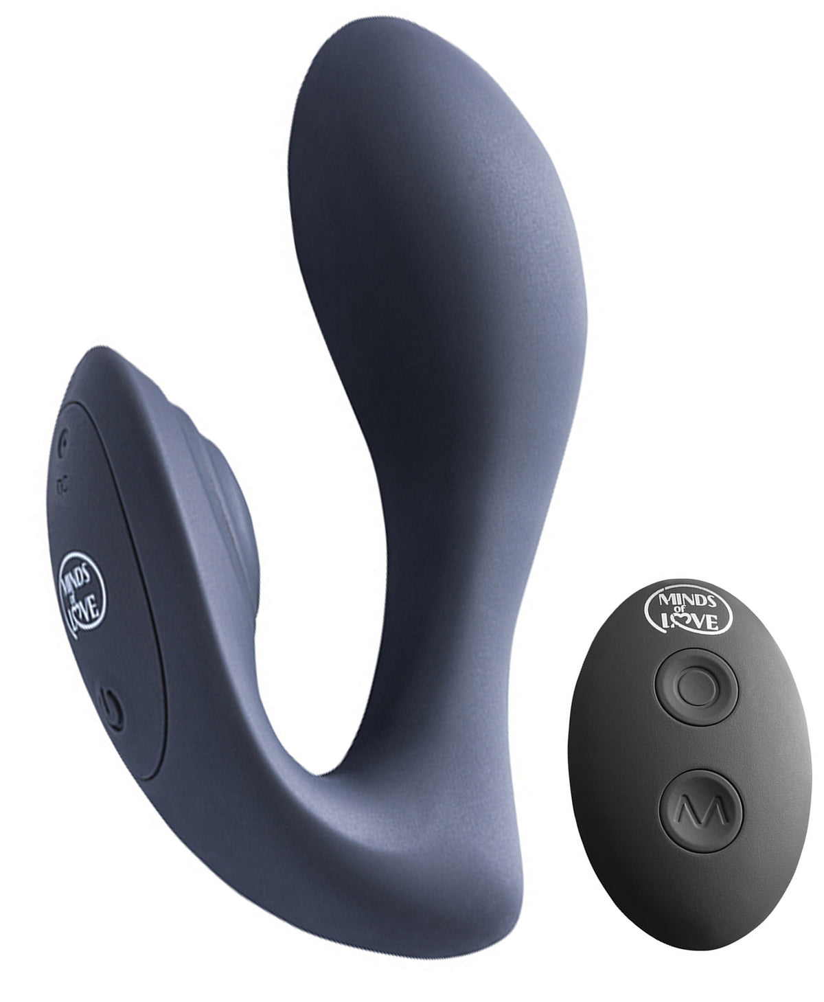 MINDS of LOVE Timo Rabbit-Vibrator in Dunkelblau mit ergonomisch gebogenem Schaft und zusätzlichem Stimulationsarm, dargestellt neben der schwarzen ovalen Funkfernbedienung – erhältlich bei Evoria Care