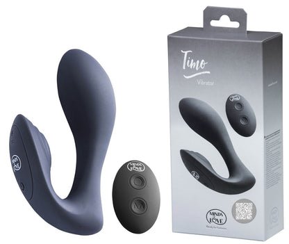 MINDS of LOVE Timo Rabbit-Vibrator in Dunkelblau mit geschwungenem Schaft, separatem Stimulationsarm und schwarzer ovaler Funkfernbedienung, dargestellt neben der grau-weißen Originalverpackung – erhältlich bei Evoria Care