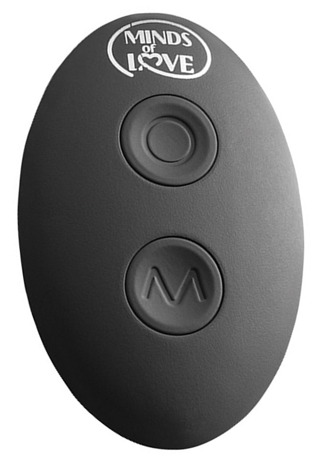 MINDS of LOVE Timo Rabbit-Vibrator separate schwarze Funkfernbedienung mit ovalem Gehäuse und drei Bedientasten in frontaler Detailansicht – erhältlich bei Evoria Care