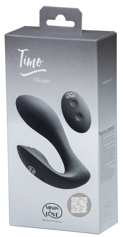 MINDS of LOVE Timo Rabbit-Vibrator mit Funkfernbedienung in grau-weißer Originalverpackung mit Abbildungen des dunkelblauen Vibrators und der schwarzen Fernbedienung – erhältlich bei Evoria Care