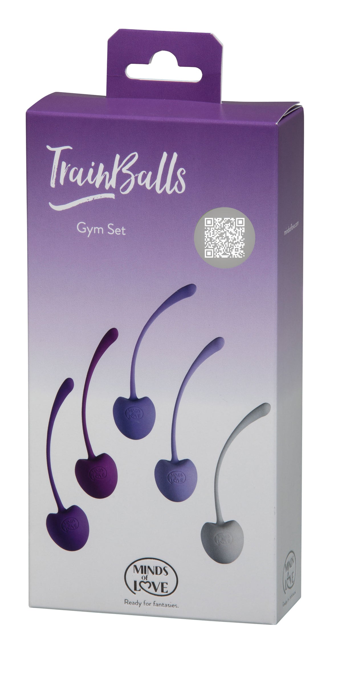 MINDS of LOVE TrainBalls Gym Set mit fünf Beckenbodenkugeln in violett-weißer Originalverpackung mit Produktabbildungen der unterschiedlich gefärbten Kugeln und MINDS of LOVE Markenlogo – erhältlich bei Evoria Care
