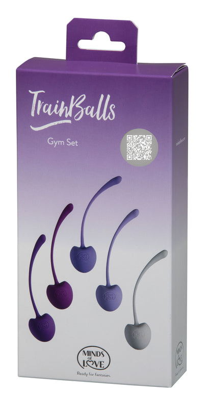 MINDS of LOVE TrainBalls Gym Set mit fünf Beckenbodenkugeln in violett-weißer Originalverpackung mit Produktabbildungen der unterschiedlich gefärbten Kugeln und MINDS of LOVE Markenlogo – erhältlich bei Evoria Care
