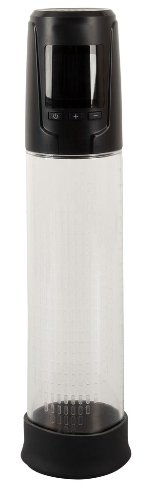 Mister Boner Automatic Masturbation Pump – Frontansicht mit transparentem Pumpzylinder und schwarzem automatischem Pumpmechanismus – erhältlich bei Evoria Care