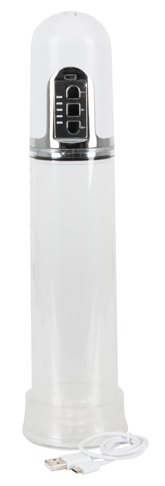 Mister Boner Automatic Pump – große Produktansicht der automatischen Penispumpe mit transparentem Pumpzylinder, weißem Gehäuse und schwarzem Bedienelement – erhältlich bei Evoria Care