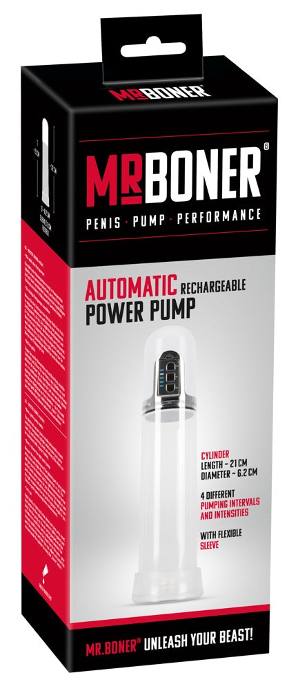 Mister Boner Automatic Pump – weitere Ansicht der Produktverpackung mit Darstellung der automatischen Penispumpe – erhältlich bei Evoria Care