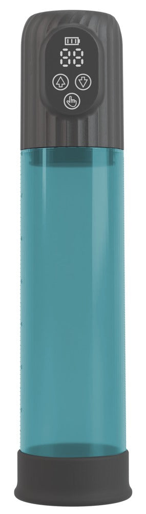 Mister Boner Automatic Vacuum Pump – große Produktansicht der automatischen Penispumpe mit transparent-türkisem Pumpzylinder, schwarzem Motorgehäuse und digitalem Display – erhältlich bei Evoria Care