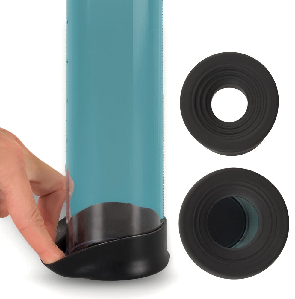 Mister Boner Automatic Vacuum Pump – Detailansicht des unteren Pumpbereichs mit separat dargestellten schwarzen Aufsätzen – erhältlich bei Evoria Care