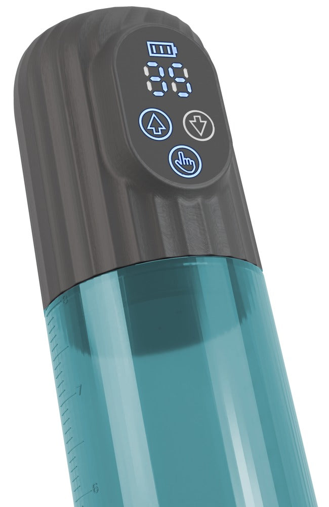 Mister Boner Automatic Vacuum Pump – Nahaufnahme des schwarzen Motorgehäuses mit digitalem Display und Bedienelementen – erhältlich bei Evoria Care