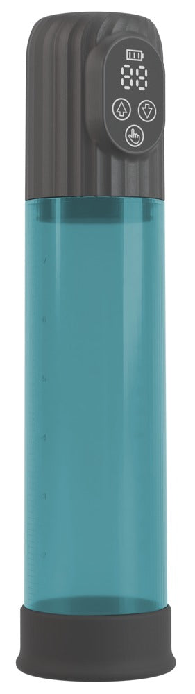 Mister Boner Automatic Vacuum Pump – Frontansicht mit transparent-türkisem Pumpzylinder und schwarzem Motorgehäuse – erhältlich bei Evoria Care