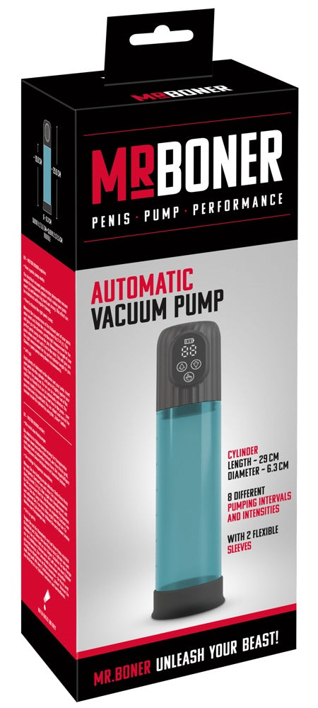 Mister Boner Automatic Vacuum Pump – automatische Penispumpe zusammen mit der Mister Boner Produktverpackung – erhältlich bei Evoria Care