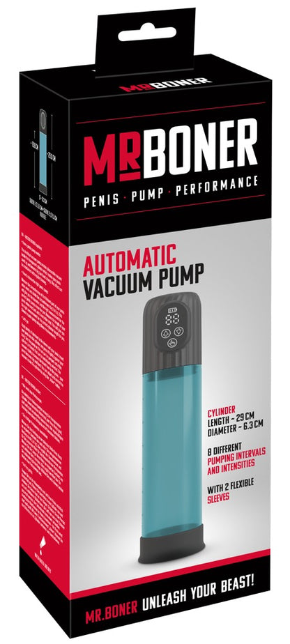 Mister Boner Automatic Vacuum Pump – automatische Penispumpe zusammen mit der Mister Boner Produktverpackung – erhältlich bei Evoria Care