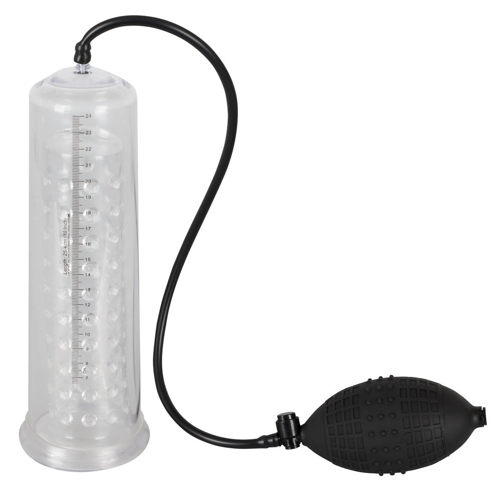 Mister Boner Fantastic Power Pump – aufrechte Frontansicht mit transparentem Pumpzylinder, schwarzer Basis und manuellem Pumpball – erhältlich bei Evoria Care