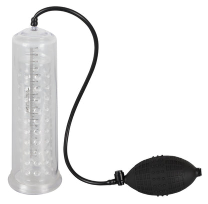 Mister Boner Fantastic Power Pump – aufrechte Frontansicht mit transparentem Pumpzylinder, schwarzer Basis und manuellem Pumpball – erhältlich bei Evoria Care