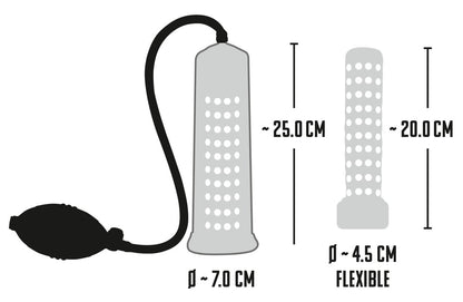 Mister Boner Fantastic Power Pump – Maßgrafik mit Abmessungen von Pumpzylinder, Schlauch und Pumpball – erhältlich bei Evoria Care